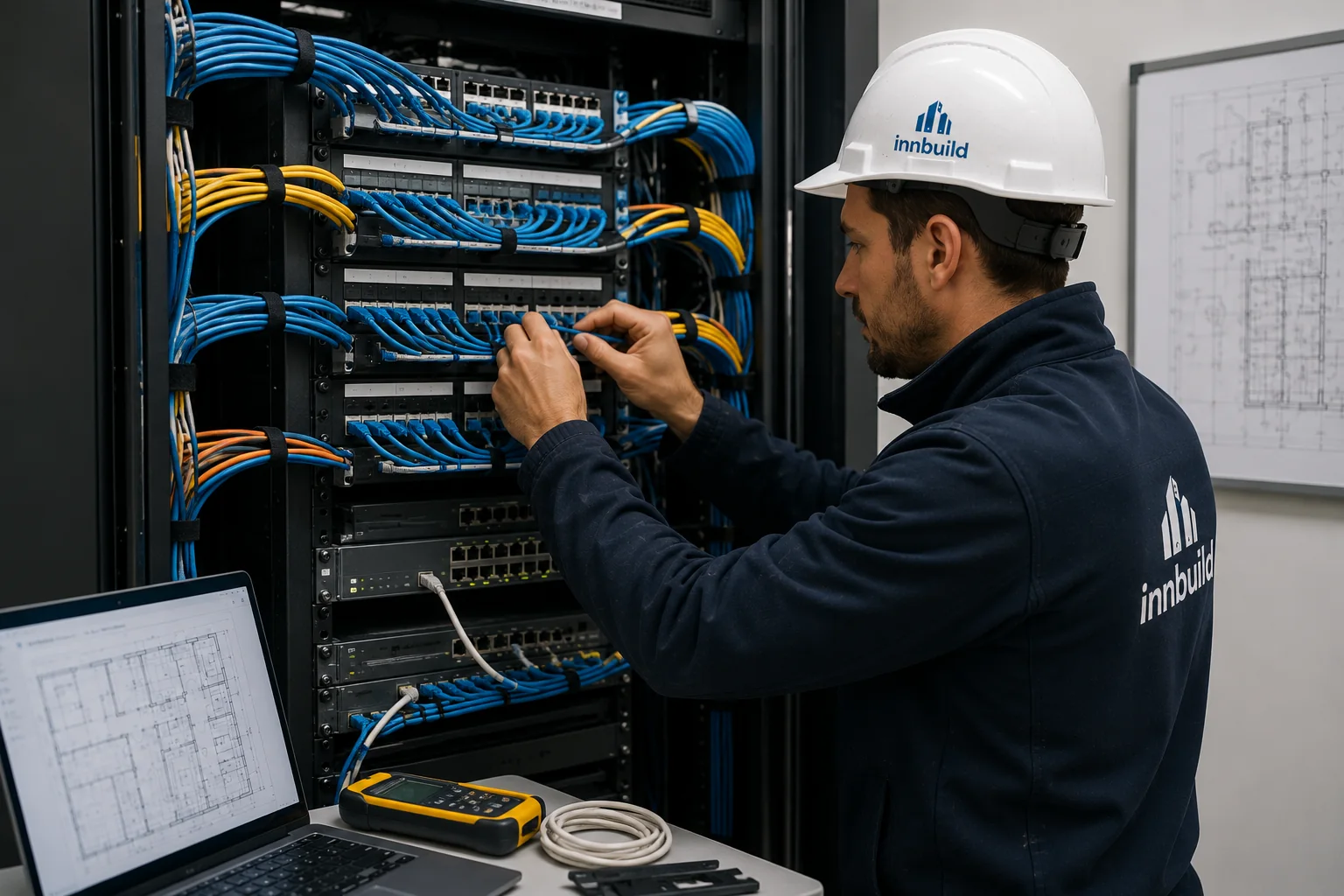 Techniker bei der Arbeit an einer technischen Installation auf einer Baustelle